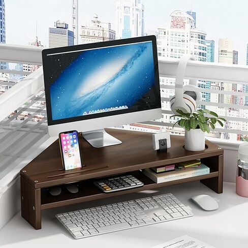 Corner Monitor Stand 2 Tiers Corner Monitor Stand Riser with Storage, Laptop Computer Desk Organizer Stand for Office Study Room, Save Space Desktop Triangle Shelf(Brown) in Saudi Arabia