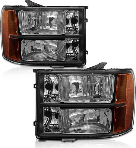 Headlights Assembly for 2007 2008 2009 2010 2011 2012 2013 2014 Sierra / 07-13 GMC Sierra 1500/07-14 GMC Sierra 2500HD 3500HD Chrome Housing Amber Reflector Replacement LH+RH in Kuwait