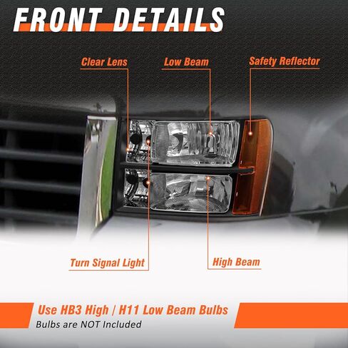 Headlights Assembly for 2007 2008 2009 2010 2011 2012 2013 2014 Sierra / 07-13 GMC Sierra 1500/07-14 GMC Sierra 2500HD 3500HD Chrome Housing Amber Reflector Replacement LH+RH in Kuwait