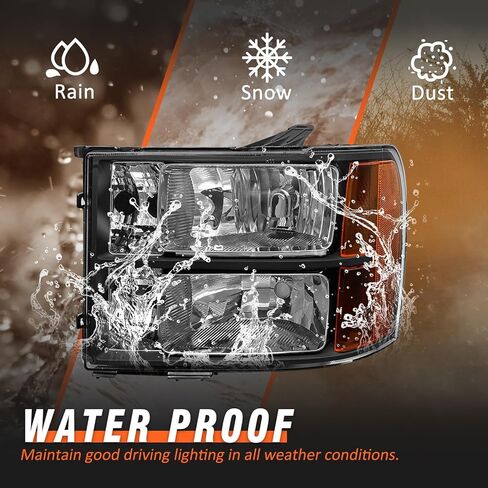 Headlights Assembly for 2007 2008 2009 2010 2011 2012 2013 2014 Sierra / 07-13 GMC Sierra 1500/07-14 GMC Sierra 2500HD 3500HD Chrome Housing Amber Reflector Replacement LH+RH in Kuwait