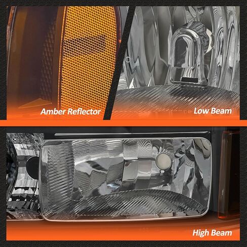 Headlights Assembly for 2007 2008 2009 2010 2011 2012 2013 2014 Sierra / 07-13 GMC Sierra 1500/07-14 GMC Sierra 2500HD 3500HD Chrome Housing Amber Reflector Replacement LH+RH in Kuwait