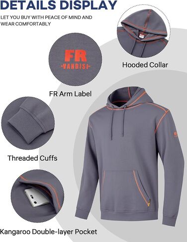 FR Hoodies for Men Flame Resistant Pullover 10.5oz FR Sweatshirt Heavy Weight 100% C Hooded Shirt in Kuwait