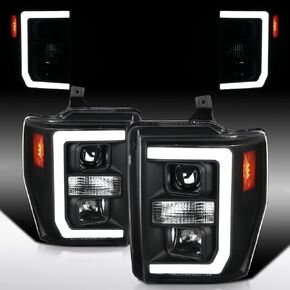 Autozensation متوافق مع 2008-2010 Ford F-250، F-350، F-450، F-550 Super Duty، مجموعة المصابيح الأمامية اليسرى + اليمنى، المصابيح الأمامية لجهاز العرض الأسود مع شريط LED in Kuwait