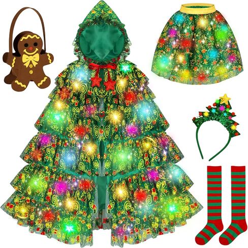 زي شجرة الكريسماس للأطفال، مجموعة فستان بقلنسوة وتنورة، رأس الأميرة، ملابس عيد الميلاد للأطفال، ملابس مضيئة مع حقيبة خبز الزنجبيل والجوارب، أزياء عيد الميلاد للأطفال من سن 3 إلى 8 سنوات متعددة الألوان in Kuwait