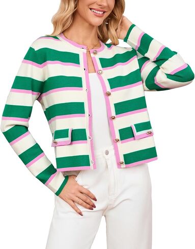 Women's Cardigan Sweater Open Front Color Block Button Down Knit Tweed Jackets Fall Cropped Coat in Kuwait