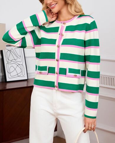 Women's Cardigan Sweater Open Front Color Block Button Down Knit Tweed Jackets Fall Cropped Coat in Kuwait