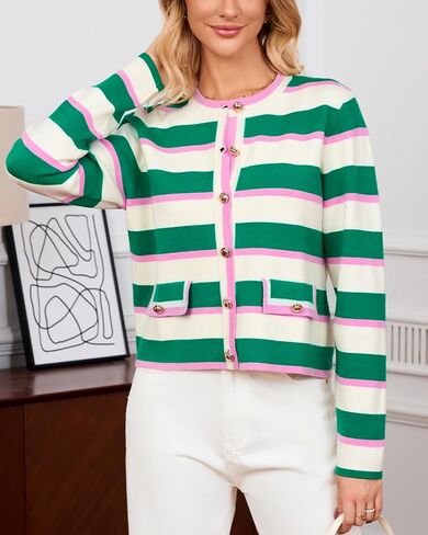 Women's Cardigan Sweater Open Front Color Block Button Down Knit Tweed Jackets Fall Cropped Coat in Kuwait