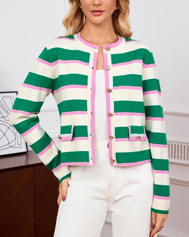 Women's Cardigan Sweater Open Front Color Block Button Down Knit Tweed Jackets Fall Cropped Coat in Kuwait