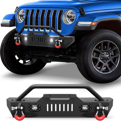 Front Bumper Bar with Winch Plate for Jeep Wrangler JK JL & Gladiator JT 2007-2025 Textured Black Steel Bumper with 144W LED Light Bar & 18W Square Light in Saudi Arabia