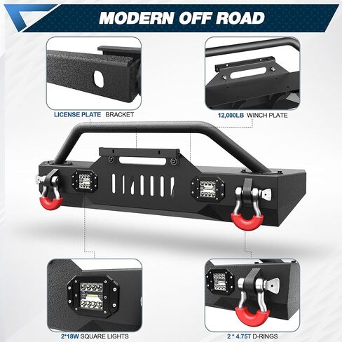 Front Bumper Bar with Winch Plate for Jeep Wrangler JK JL & Gladiator JT 2007-2025 Textured Black Steel Bumper with 144W LED Light Bar & 18W Square Light in Saudi Arabia
