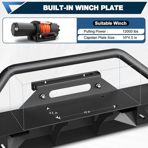 Front Bumper Bar with Winch Plate for Jeep Wrangler JK JL & Gladiator JT 2007-2025 Textured Black Steel Bumper with 144W LED Light Bar & 18W Square Light in Saudi Arabia