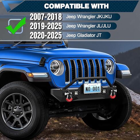 Front Bumper Bar with Winch Plate for Jeep Wrangler JK JL & Gladiator JT 2007-2025 Textured Black Steel Bumper with 144W LED Light Bar & 18W Square Light in Saudi Arabia
