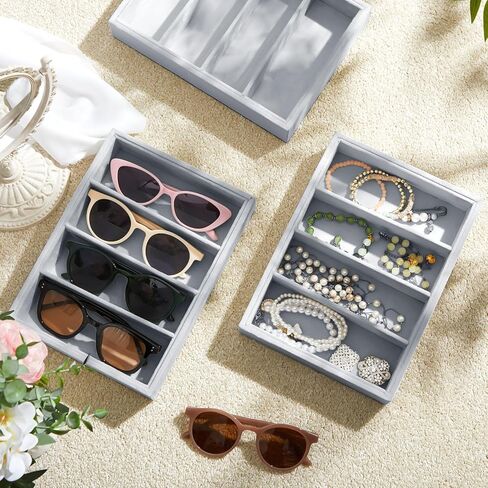 Amylove 4 Pcs Large Glasses Box Tray 8 Grids Stackable Jewelry Display Organizer Detachable Sunglass Holder (Beige) in Kuwait
