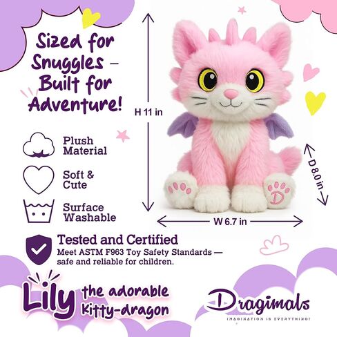 Lily The Adorable Kitty-Dragon is a Dragon Plush Cute Stuffed Animal Toys for Girls, Soft Emotional Support Plush, Pink Stuffed Animal Dragon cat Stuffed Animal and Cute plushies in Saudi Arabia