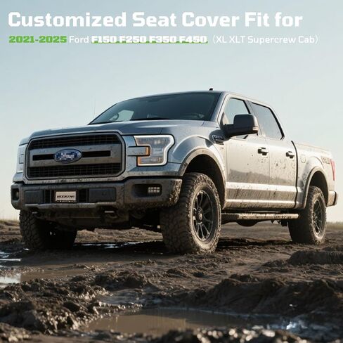 مناسب لغطاء مقعد السيارة Ford F150 F250 F350 F450 XL XLT 2021-2025، أغطية مقاعد السيارة ذات التغطية الكاملة، أغطية مقاعد فاخرة من الجلد الصناعي، أغطية مقاعد مريحة ومقاومة للماء مخصصة للشاحنات (أسود) in Kuwait