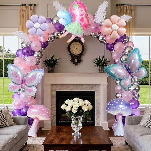 7pcs fairy party birthday decoration purple pink butterfly balloon mushroom balloon suitable for Alice Wonderland party fantasy garden and wedding decoration birthday party baby baptism etc in Saudi Arabia