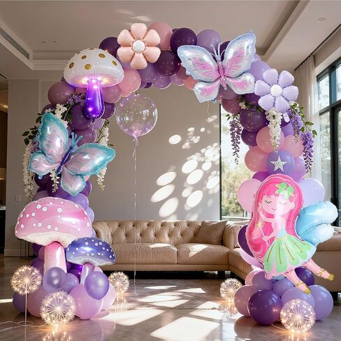 7pcs fairy party birthday decoration purple pink butterfly balloon mushroom balloon suitable for Alice Wonderland party fantasy garden and wedding decoration birthday party baby baptism etc in Saudi Arabia
