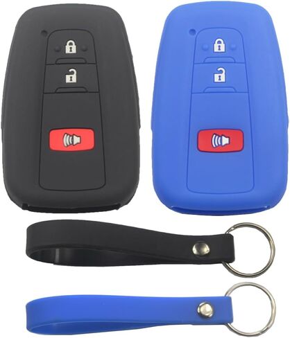 قطعتان من السيليكون المطاطي 3 أزرار غطاء حماية ذكي بدون مفتاح مع سلسلة مفاتيح متوافقة مع تويوتا بريوس RAV4 هايلاندر كورولا C-HR أسود أزرق in Kuwait