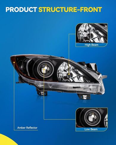 مجموعة مصابيح أمامية PHILTOP، بديلة لمازدا 3 2010-2013، عدسات شفافة عاكسة للعنبر باللون الأسود للمصابيح الأمامية in Kuwait