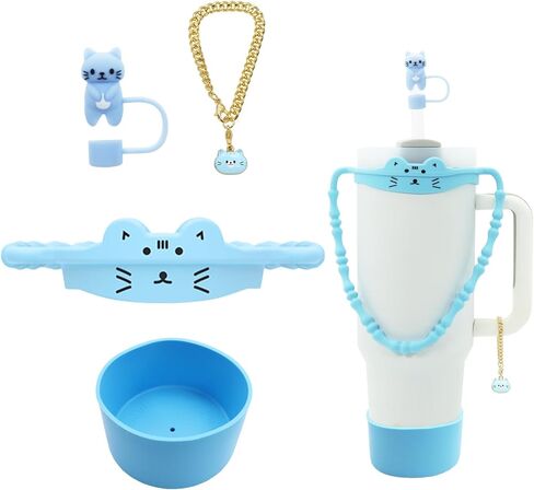 مجموعة إكسسوارات أكواب مكونة من 5 قطع لكوب ستانلي بسعة 30 أونصة و40 أونصة بمقبض، بما في ذلك حزام مقبض زجاجة المياه السيليكون، وغطاء علوي من القش على شكل حيوانات لطيفة، وحذاء سفلي، وحليات ستانلي اللطيفة in Kuwait