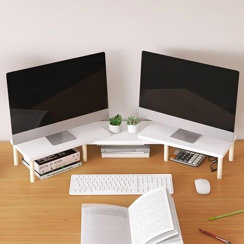 White Dual Monitor Stand Riser, Length Adjustable Wooden Desktop Corner Shelf, Overlapped Office Desk Organizer Shelf for Laptop/Screen/PC (Size : H 9.7cm (3 7/8")) in Saudi Arabia
