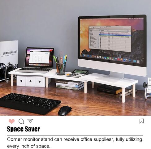 White Dual Monitor Stand Riser, Length Adjustable Wooden Desktop Corner Shelf, Overlapped Office Desk Organizer Shelf for Laptop/Screen/PC (Size : H 9.7cm (3 7/8")) in Saudi Arabia
