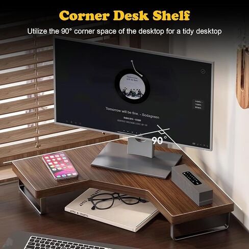 Modern Monitor Stand Riser for Desk, Space Saving Corner Monitor Shelf with Metal Legs, Computer Screen Printer Keyboard Table Storage Rack(Walnut) in Saudi Arabia