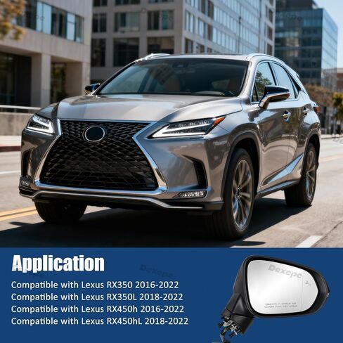مجموعة مرآة جانبية للركاب متوافقة مع Lexus RX 350 350L 450h 450hL 2016-2022 مضادة للتوهج مع شاشة ساخنة للبقع العمياء، إشارة الانعطاف، ذاكرة ضبط قابلة للطي باللون الأسود (15 دبوسًا يمينًا) in Kuwait