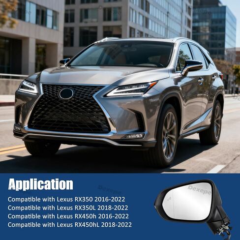 مجموعة مرآة جانبية للركاب متوافقة مع Lexus RX 350 350L 450h 450hL 2016-2022 مضادة للتوهج مع شاشة ساخنة للبقع العمياء، إشارة الانعطاف، ذاكرة ضبط قابلة للطي باللون الأسود (15 دبوسًا يمينًا) in Saudi Arabia