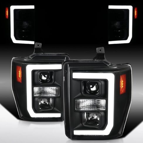 Autozensation متوافق مع 2008-2010 Ford F-250، F-350، F-450، F-550 Super Duty، مجموعة المصابيح الأمامية اليسرى + اليمنى، المصابيح الأمامية لجهاز العرض الأسود مع شريط LED in Kuwait