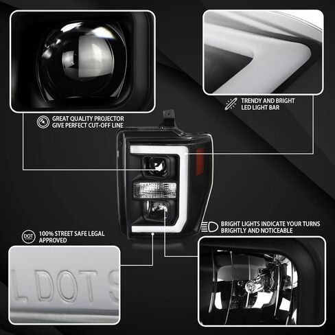 Autozensation متوافق مع 2008-2010 Ford F-250، F-350، F-450، F-550 Super Duty، مجموعة المصابيح الأمامية اليسرى + اليمنى، المصابيح الأمامية لجهاز العرض الأسود مع شريط LED in Kuwait
