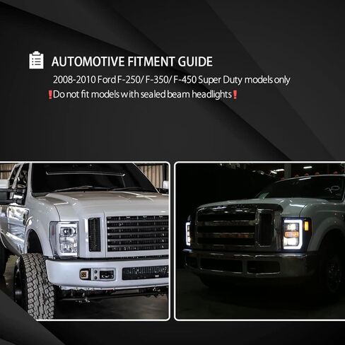 Autozensation متوافق مع 2008-2010 Ford F-250، F-350، F-450، F-550 Super Duty، مجموعة المصابيح الأمامية اليسرى + اليمنى، المصابيح الأمامية لجهاز العرض الأسود مع شريط LED in Kuwait