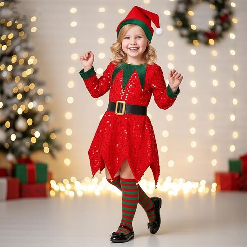Girls Elf Costume Set Christmas Elf Dress Xmas Holiday Party Dress Outfit in Saudi Arabia