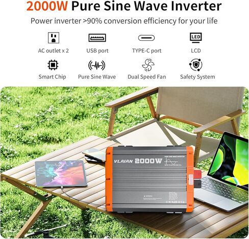 2000W Pure Sine Wave Inverter,12V DC to 110V AC Power Inverter for Vehicles RV,Truck,Car,Solar Off-Grid Converter with 2 AC Outlet,27W Type-C,5V 3A USB-A,Hardwire Port，16ft Remote Controller in Saudi Arabia