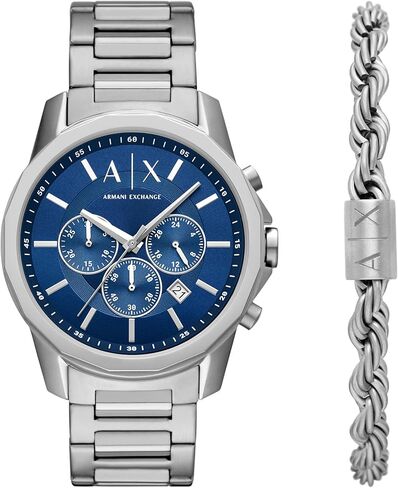 مجموعة هدايا ساعة وسوار من الفولاذ المقاوم للصدأ كرونوغراف ذهبية اللون للرجال من A｜X ARMANI EXCHANGE (الموديل: AX7151SET) in Saudi Arabia