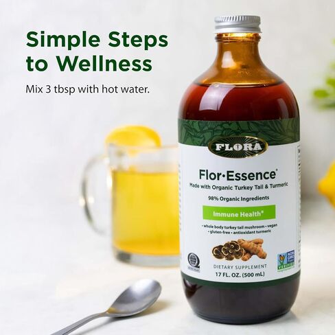 Flora Health Flor-Essence with Turkey Tail & Turmeric, Rich in Polysaccharides, 35+ Phenolic Compounds with Antioxidants and Immunity Support, 17-fl. oz. Glass Bottle in Kuwait