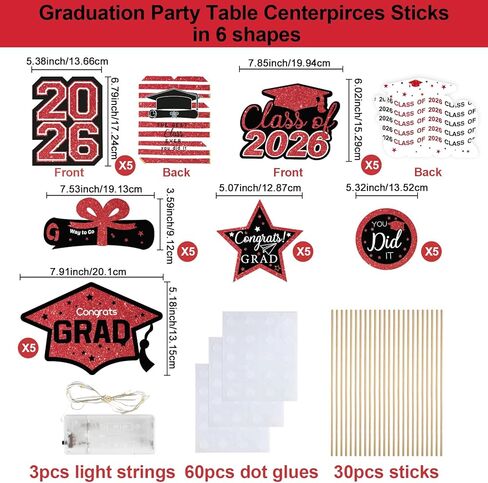 2023 Graduation Decorations Centerpiece Sticks - 36Pcs Black Red Graduation Sticks with LED String Light, Class of 2023 Table Toppers for College High School Congrats Graduation Party Supplies in Saudi Arabia