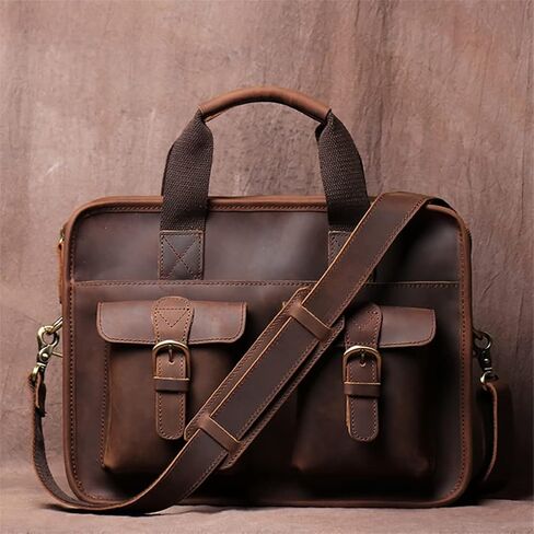 Briefcase Man Handbag Shoulder Genuine Leather Bags Brown Business 14 Inch Laptop Bag in Saudi Arabia