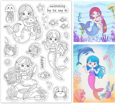 Mermaid Pattern PVC Plastic Stamp 16x11x0.3cm Mermaid and Ocean Critters Clear Stamp Coral and Crab Transparent Silicone Template Summer and Shell Template for Scrapbook Journal Card Making in Saudi Arabia