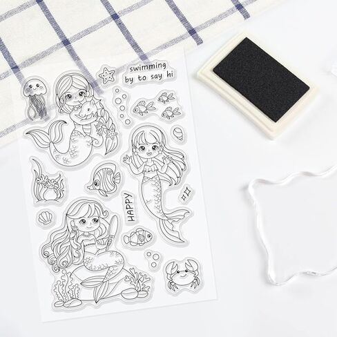 Mermaid Pattern PVC Plastic Stamp 16x11x0.3cm Mermaid and Ocean Critters Clear Stamp Coral and Crab Transparent Silicone Template Summer and Shell Template for Scrapbook Journal Card Making in Saudi Arabia