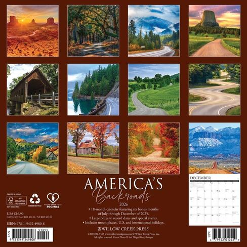 Willow Creek Press, Americas Backroads 2026 Wall Calendar, 12'' X 12'', 18-Month Calendar with Stapled Binding in Saudi Arabia