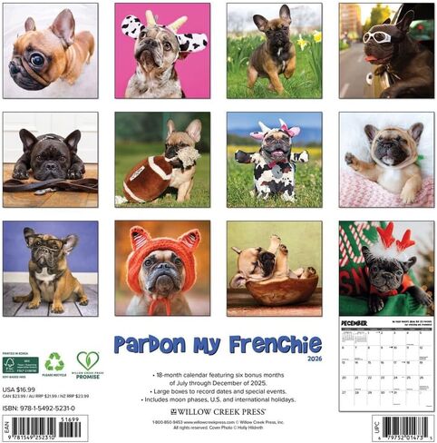 مطبعة ويلو كريك، تقويم حائط Pardon My Frenchie 2026، 12 بوصة × 12 بوصة، تقويم 18 شهرًا مع غلاف مثبت in Saudi Arabia