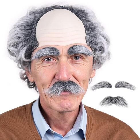 Old Man Bald Cap Grey Wig With Hair On Sides Balding Wig Grandpa Halloween Cosplay Costume Wig in Kuwait