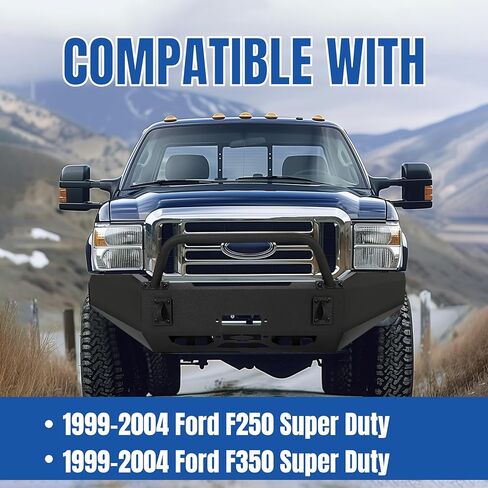 مجموعة المصد الأمامي KUAFU متوافقة مع 1999-2004 Ford F250 F350 Super Duty Steel W/Bull Bar أسود مسحوق مطلي (عبوتان) in Saudi Arabia