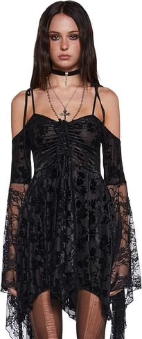 Dolls Kill F is for Fairies Handkerchief Dress for Women - Off-Shoulder, Custom Fit Dress for Fairycore Fashion - Black Velvet Lace, XX-Large in Kuwait