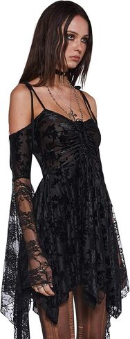 Dolls Kill F is for Fairies Handkerchief Dress for Women - Off-Shoulder, Custom Fit Dress for Fairycore Fashion - Black Velvet Lace, XX-Large in Kuwait