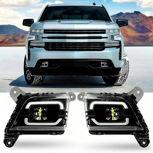 عدسات سوداء مع مصابيح ضباب LED DRL متوافقة مع 2019-2023 شيفروليه سيلفرادو 1500 2500HD 3500HD ترقية وتعديل زوج واحد من مصابيح الضباب LED، مجموعة مصابيح الضباب، أسود A مع DRL in Kuwait