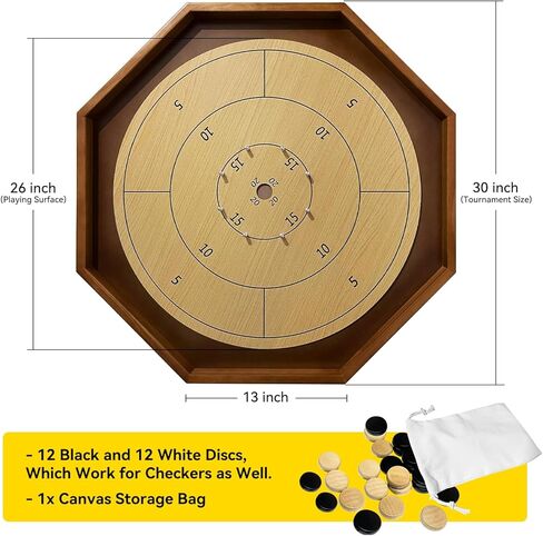 30 Inch Tournament Crokinole Board Game, 2 in 1 Crokinole and Checkers with 26" Playing Surface, Metal Pegs, Wooden Octagon Canadian Tabletop Board Game Krokinole for Families and Friends in Saudi Arabia