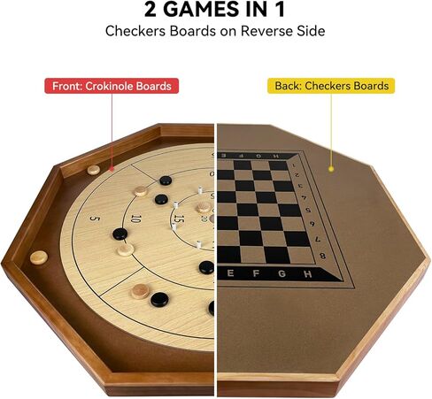 30 Inch Tournament Crokinole Board Game, 2 in 1 Crokinole and Checkers with 26" Playing Surface, Metal Pegs, Wooden Octagon Canadian Tabletop Board Game Krokinole for Families and Friends in Saudi Arabia
