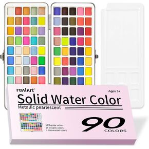 مجموعة طلاء الألوان المائية من REALART 50 لونًا مع معدن في صندوق محمول، طقم طلاء مع أوراق وفرش ألوان مائية، مجموعة ألوان مائية للمبتدئين والمحترفين (50 لونًا) in Kuwait